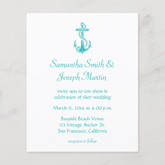 Budget Turquoise Anchor Wedding Uitnodiging (Voorkant)