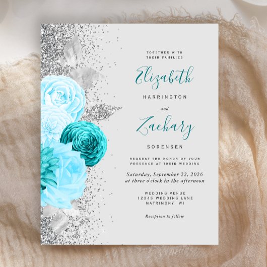 Budget Turquoise Bloem Silver Glitter Bruiloft