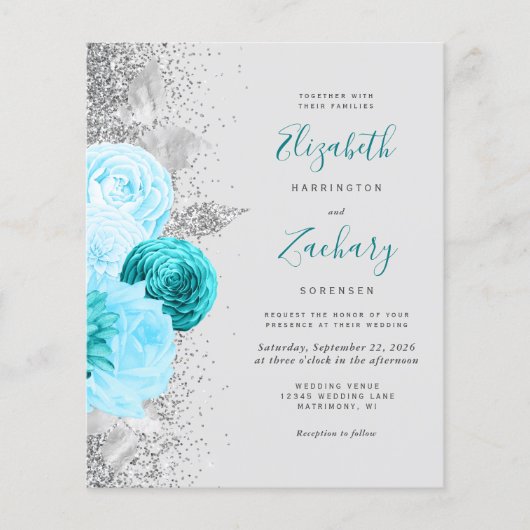 Budget Turquoise Bloem Silver QR Code Bruiloft (Voorkant)