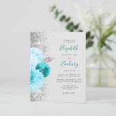 Budget Turquoise Bloemen Zilver QR Code Huwelijk (Staand voorkant)