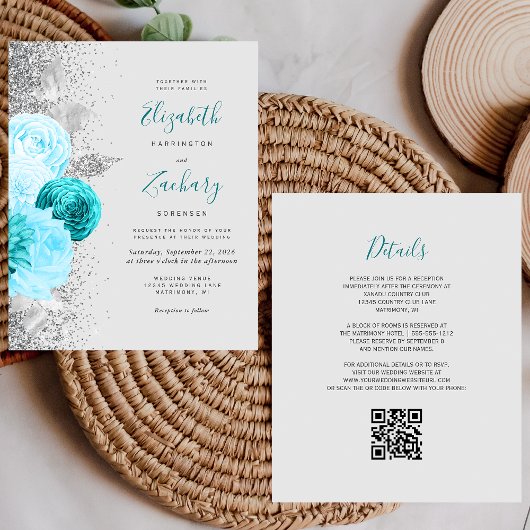 Budget Turquoise Bloemen Zilver QR Code Huwelijk