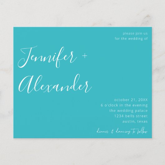 Budget Turquoise Blue Calligraphy Photo Wedding Flyer (Voorkant)