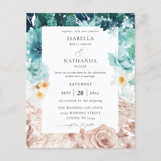 Budget Turquoise & Blush Pink Floral Wedding 2 Flyer (Voorkant)