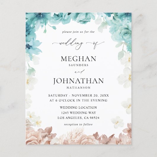 Budget Turquoise & Blush Pink Floral Wedding Flyer (Voorkant)