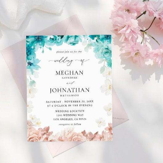 Budget Turquoise & Blush Pink Floral Wedding Flyer