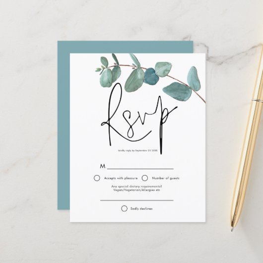 Budget Turquoise Eucalyptus Elegant Script RSVP (Voorkant / Achterkant in situ)