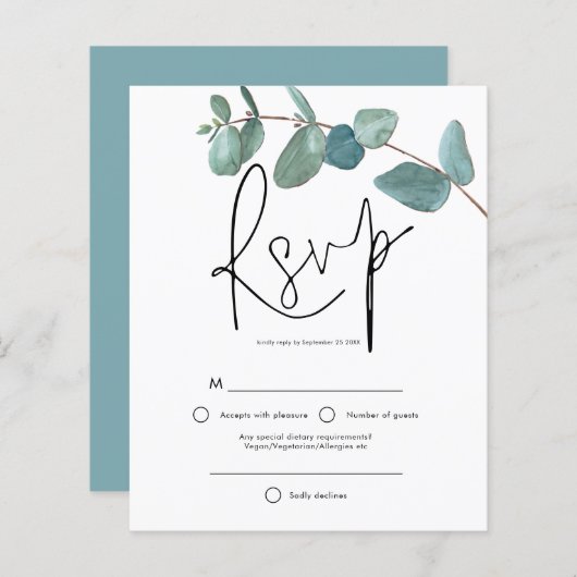 Budget Turquoise Eucalyptus Elegant Script RSVP (Voorkant / Achterkant)
