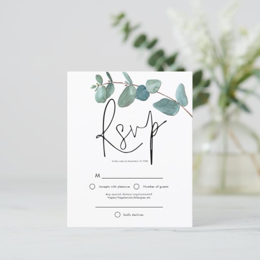 Budget Turquoise Eucalyptus Elegant Script RSVP (Staand voorkant)