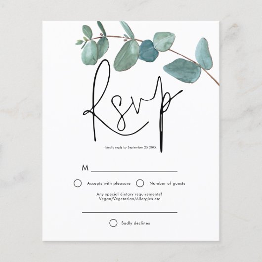 Budget Turquoise Eucalyptus Elegant Script RSVP (Voorkant)