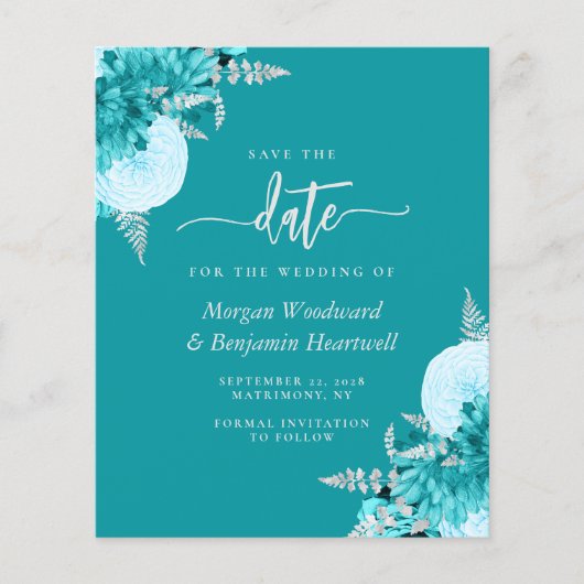 Budget Turquoise Floral Wedding Save the Date (Voorkant)