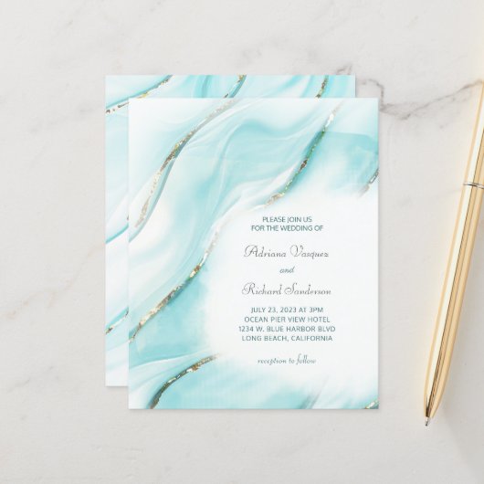 Budget Turquoise Gold Agate Wedding Invitation (Voorkant / Achterkant in situ)