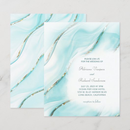 Budget Turquoise Gold Agate Wedding Invitation (Voorkant / Achterkant)