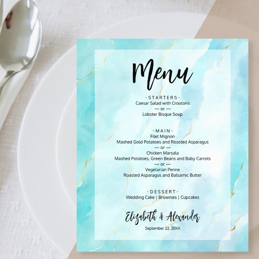 Budget Turquoise Gold Marble Wedding Menu