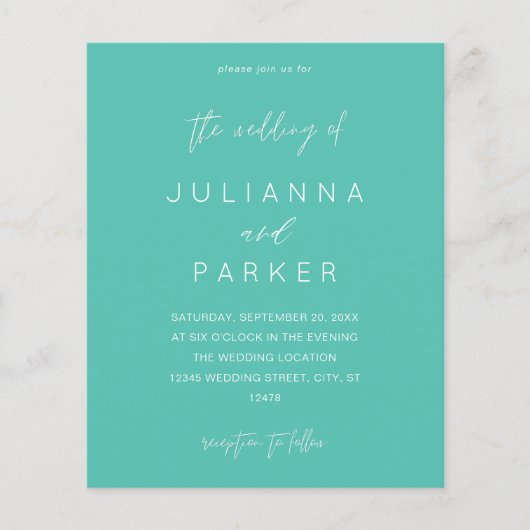 Budget Turquoise Green MOD Calligraphy Wedding Flyer (Voorkant)