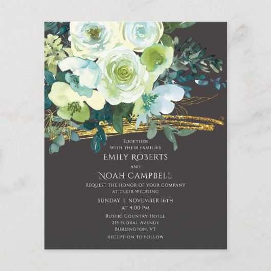 Budget Turquoise Groen Bloemengoud Foto Bruiloft Flyer (Voorkant)