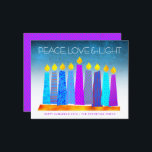 Budget Turquoise Hanukkah Kaarsen Vrede Liefde Kaa<br><div class="desc">"Vrede, liefde en licht." Een speelse, moderne, artsachtige illustratie van boho patroonkaarsen in een menorah helpt je om mee te doen in de vakantie van Hanukkah. Toegewezen blauwe kaarsen met kleurrijke faux folie patronen bedekken een turkooisgradiënt tot witte getextureerde achtergrond. Faux hot-roze paarse ruitvormig patroon folie op een kornbloemblauwe achtergrond...</div>