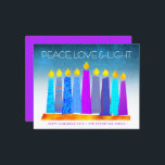 Budget Turquoise Hanukkah Kaarsen Vrede Liefde Kaa<br><div class="desc">"Vrede, liefde en licht." Een speelse, moderne, artsachtige illustratie van boho patroonkaarsen in een menorah helpt je om mee te doen in de vakantie van Hanukkah. Toegewezen blauwe kaarsen met kleurrijke faux folie patronen bedekken een turkooisgradiënt tot witte getextureerde achtergrond. Faux hot-roze paarse ruitvormig patroon folie op een kornbloemblauwe achtergrond...</div>