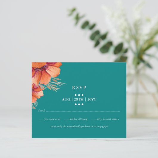 BUDGET Turquoise Oranje Bloem Bruiloft RSVP (Staand voorkant)