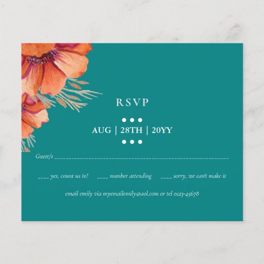 BUDGET Turquoise Oranje Bloem Bruiloft RSVP (Voorkant)