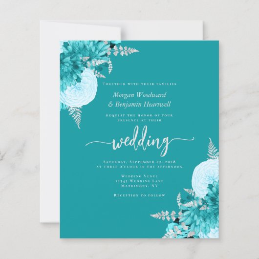 Budget Turquoise Silver Floral QR Code Wedding (Voorkant)