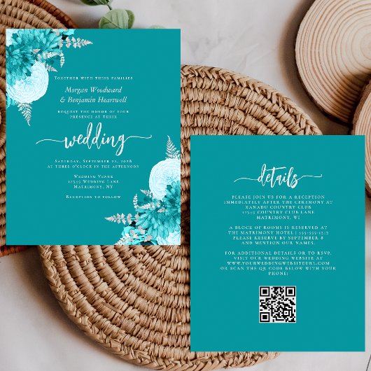 Budget Turquoise Zilveren Bloem QR Code Huwelijk