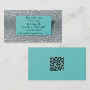 Budget Turquoise & Zilveren Glitter QR-code Visitekaartje