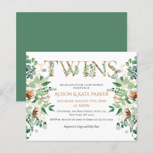 Budget Twin Baby shower Eucalyptus Gold Invitation (Voorkant / Achterkant)