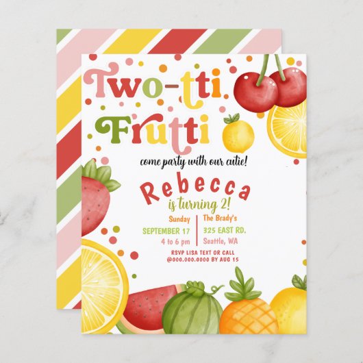 Budget Two-Tti Frutti Tweede Verjaardag Uitnodigin (Voorkant / Achterkant)
