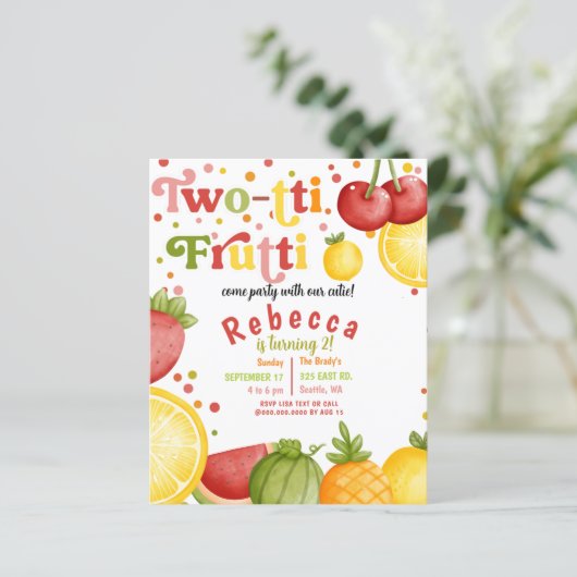 Budget Two-Tti Frutti Tweede Verjaardag Uitnodigin (Staand voorkant)