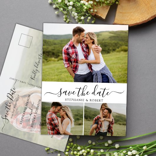 Budget Typografie 3 Fotocollage De datum opslaan Aankondigingskaart