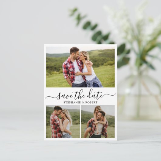 Budget Typografie 3 Fotocollage De datum opslaan Aankondigingskaart (Staand voorkant)