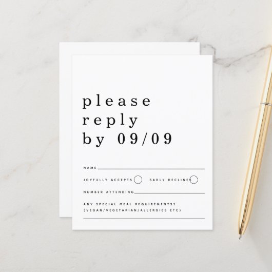 Budget Typografie Black White Wedding RSVP (Voorkant / Achterkant in situ)
