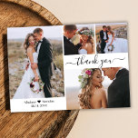 Budget Typografie Collage Bruiloft Dank u Kaart<br><div class="desc">Budget, minimalistische moderne elegante hand beletterd script 4 foto collage bruiloft dank u gepersonaliseerde betaalbare low budget dunne kaart. Stijlvolle bruiloft dank u kaart sjabloon met vier foto op de voorkant en een foto op de achterkant. ***LET OP! *** BUDGETPAPIER/FLYER IS PAPIERDUN. *** UPGRADE HET PAPIER VOOR EEN DIKKER PAPIER....</div>