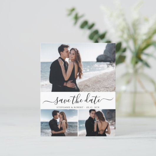 Budget Typografie Foto Bruiloft Save The Date Kaar (Staand voorkant)