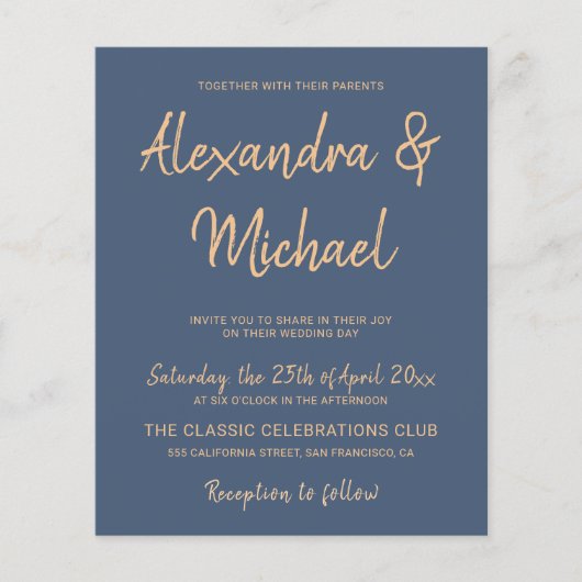 Budget typografie navy koperen bruiloft uitnodigin (Voorkant)