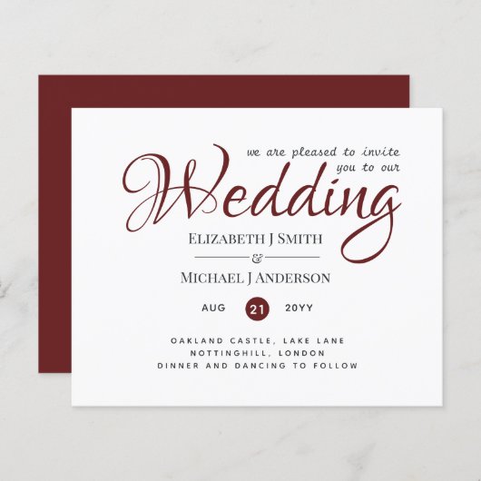 Budget TYPOGRAHY Wedding Invites - Burgundy Red (Voorkant / Achterkant)