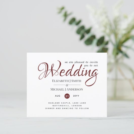 Budget TYPOGRAHY Wedding Invites - Burgundy Red (Staand voorkant)