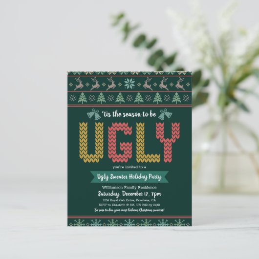 Budget Ugly Sweater Kerstparty Green Invite (Staand voorkant)