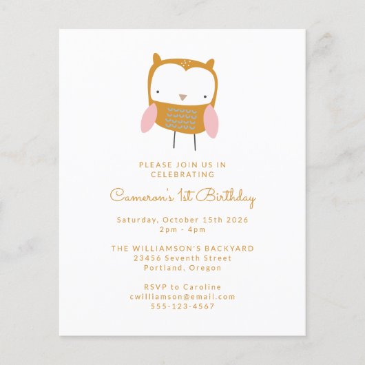 Budget Uil Bloemen Eenvoudige 1e Verjaardagsuitnod (Voorkant)