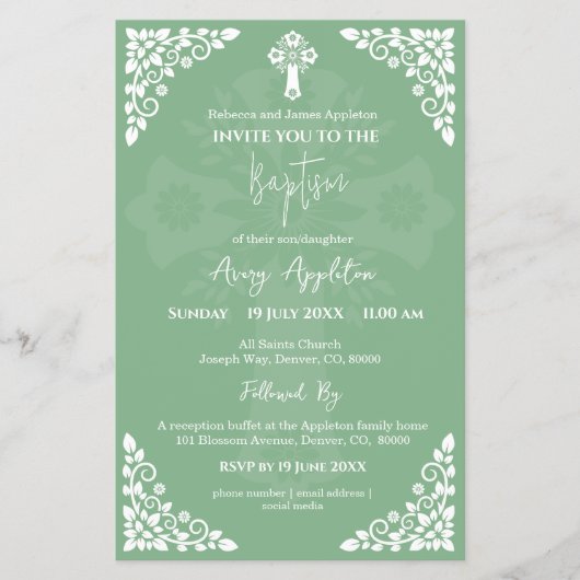 Budget Uitnodiging Bloemen Kruisdoop Sage Groen Flyer (Voorkant)