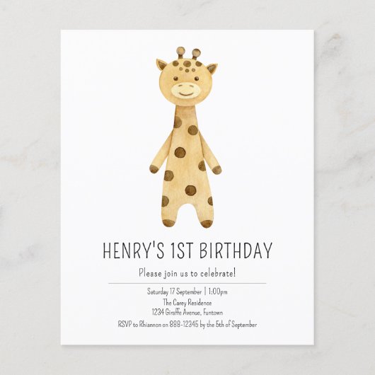 Budget uitnodiging, schattige giraffe 1e verjaarda flyer (Voorkant)