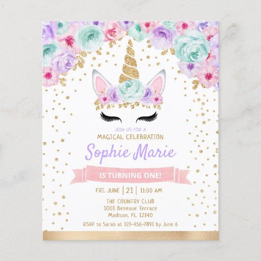 Budget Unicorn 1e verjaardag Blauwgroen Paarse Uit Flyer (Voorkant)