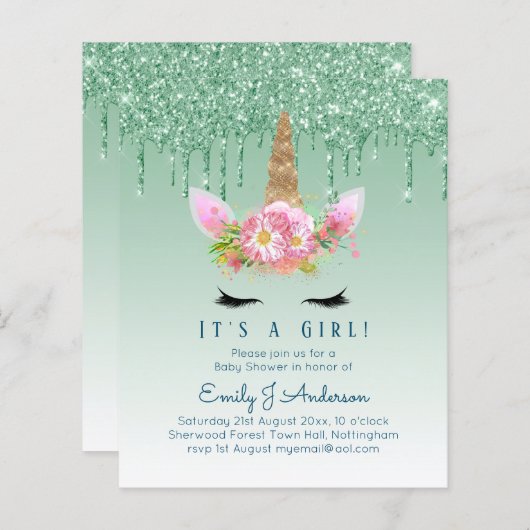 Budget Unicorn Baby shower Green Girls (Voorkant / Achterkant)