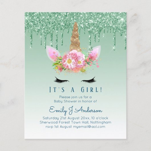 Budget Unicorn Baby shower Green Girls (Voorkant)