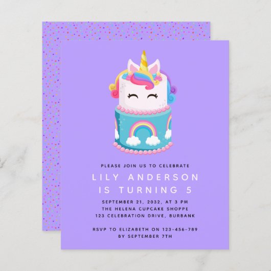 Budget Unicorn Cake Birthday Party Uitnodiging (Voorkant / Achterkant)