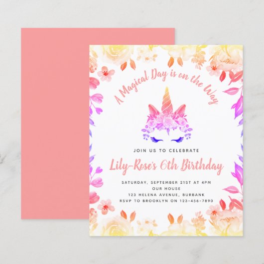 BUDGET Unicorn Face Floral Birthday Uitnodiging (Voorkant / Achterkant)