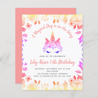 BUDGET Unicorn Face Floral Birthday Uitnodiging