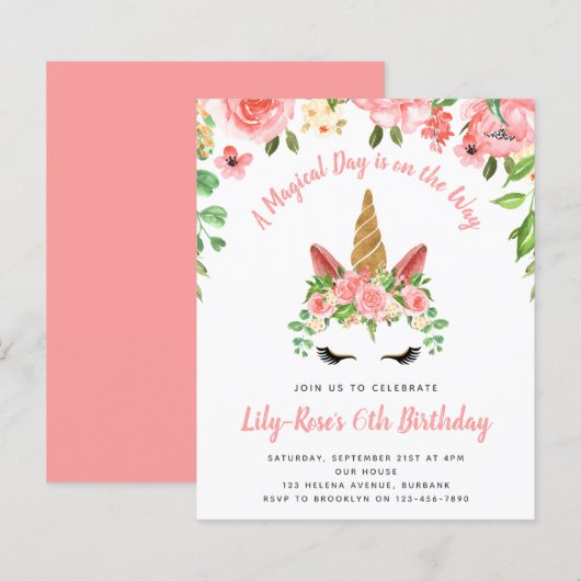 BUDGET Unicorn Face Floral Birthday Uitnodiging (Voorkant / Achterkant)