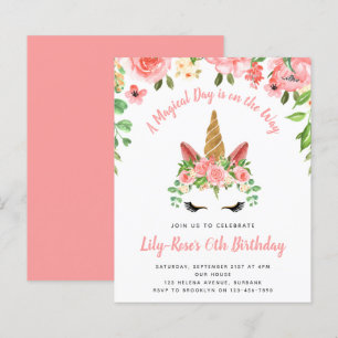BUDGET Unicorn Face Floral Birthday Uitnodiging