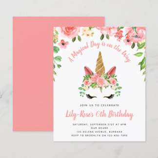 BUDGET Unicorn Face Floral Birthday Uitnodiging